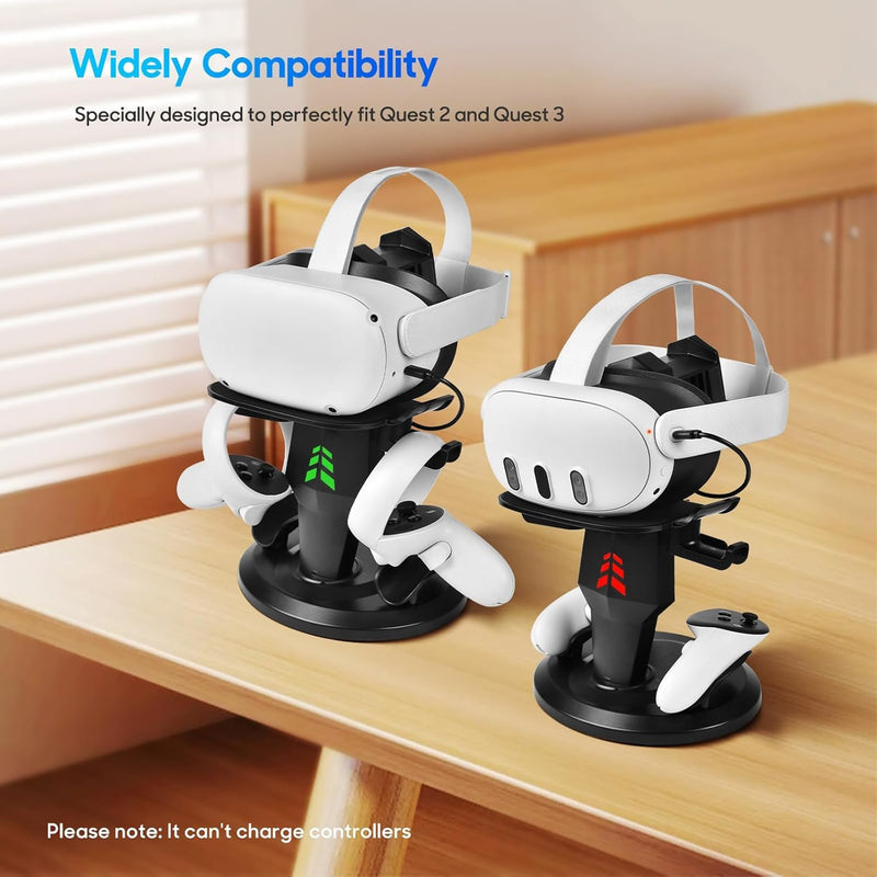 TechKen VR Charging Dock for Meta Quest 3S/Quest 3/Quest 2, Vertical VR Stand & Charging Station, Fast Charge Headset with Type-C Cable, Supports Controllers with Grip Covers & Elite Straps THC1PRO