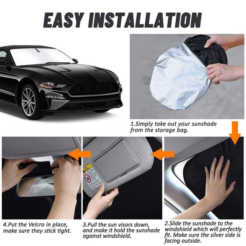D-Lumina Windshield Sun Shade for 2015-2025 Fo-rd Mustang Accessories (NOT for Fo-rd Mustang Mach-E), Front Window Sunshade Sun Visor Protector Block UV Rays Heat, Foldable 2 Layers 210T Material Silver & Black-Fit 2015-2025 Ford Mustang
