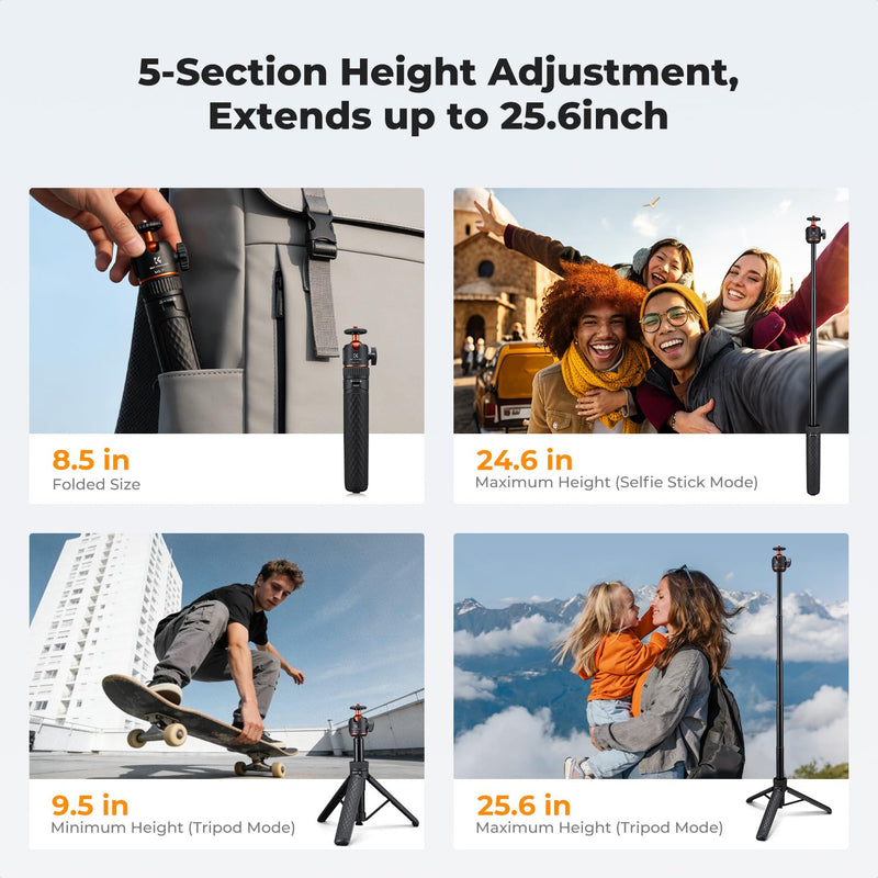 K&F CONCEPT Mini 25.6'' Auto Open Selfie Stick Tripod | Lightweight, Ball Head with Cold Shoe, Compatible with DJI Osmo Pocket 4/3 Action5 Insta360 Luna Ultra. MS71