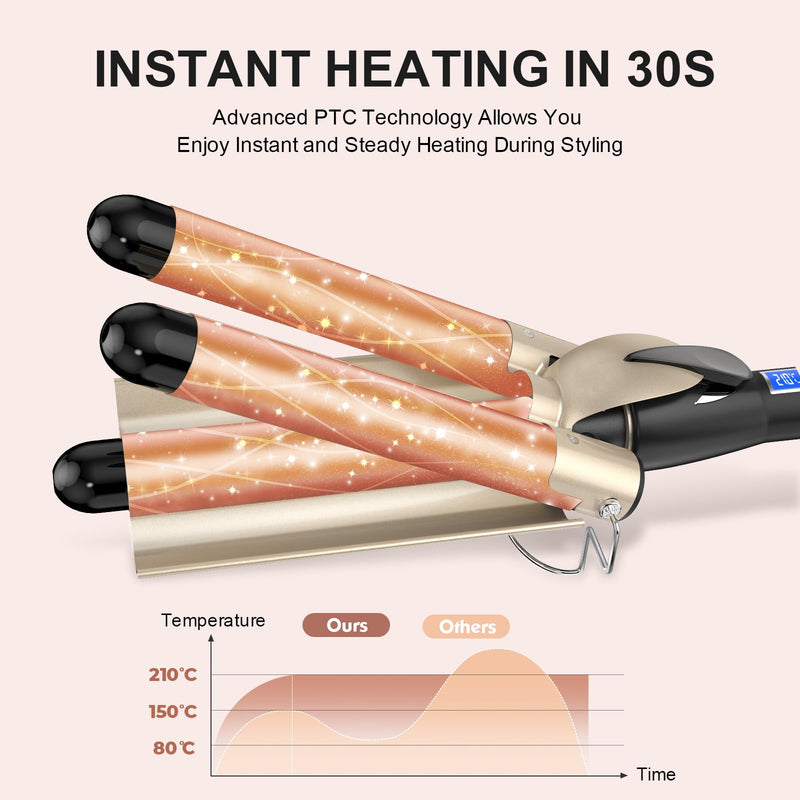 Mermaid Hair Waver 32MM for Loose Beachy Waves, AIMERVO 3 Barrel Curling Iron 1.25", 14 Heat Settings up to 210°C Work on All Hair Types, Tourmaline Ceramic Coating, Heats up in 30S,Long&Medium length Φ32MM