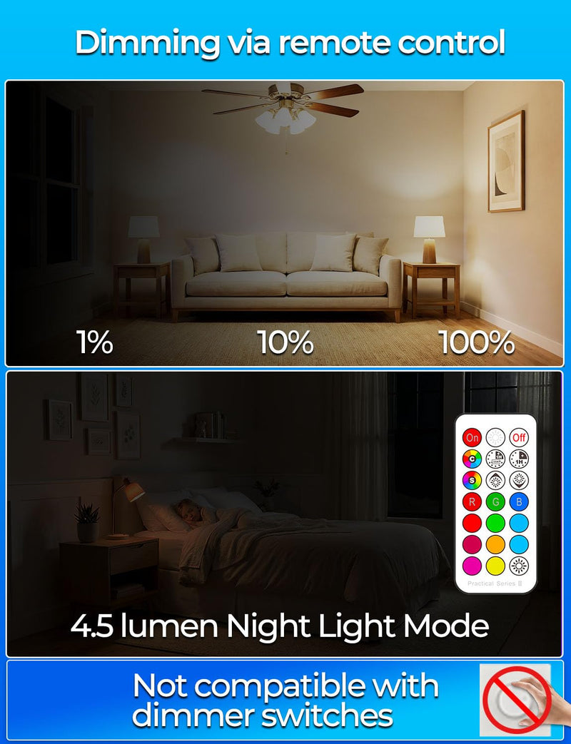 ILC RGB LED Light Bulb, Color Changing Light Bulb, 40W Equivalent, 450LM, 2700K Warm White 5W E26 Screw Base RGBW, 12 Color Choices - Timing Infrared Remote Control (8 Pack) 8 Pack