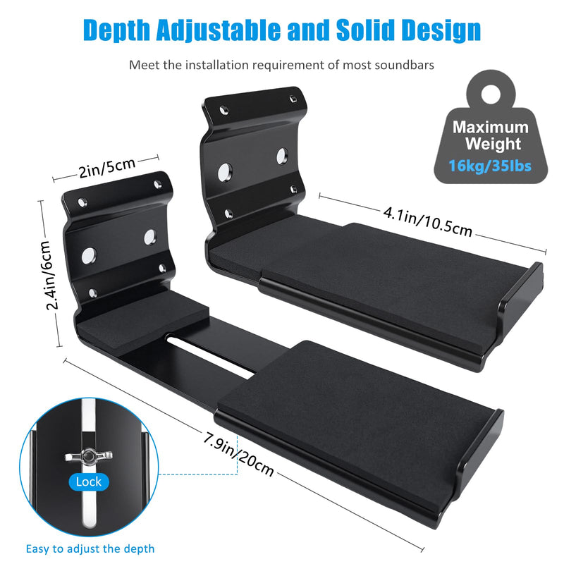 Soundbar Wall Mount NO Stud Easy Install - Fits Samsung, Sony, Bose & All Brands, Adjustable Depth 3.74"-5.71", Anti-Slip EVA Pads
