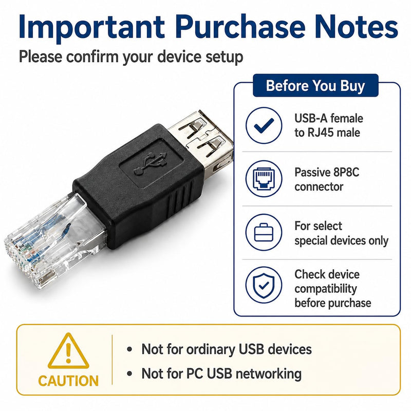 USB-A Female to RJ45 Male Passive Adapter Connector, 8P8C LAN Plug for Select ADSL Modem, Router and Network-Enabled Surveillance Device, Not a USB Network Adapter