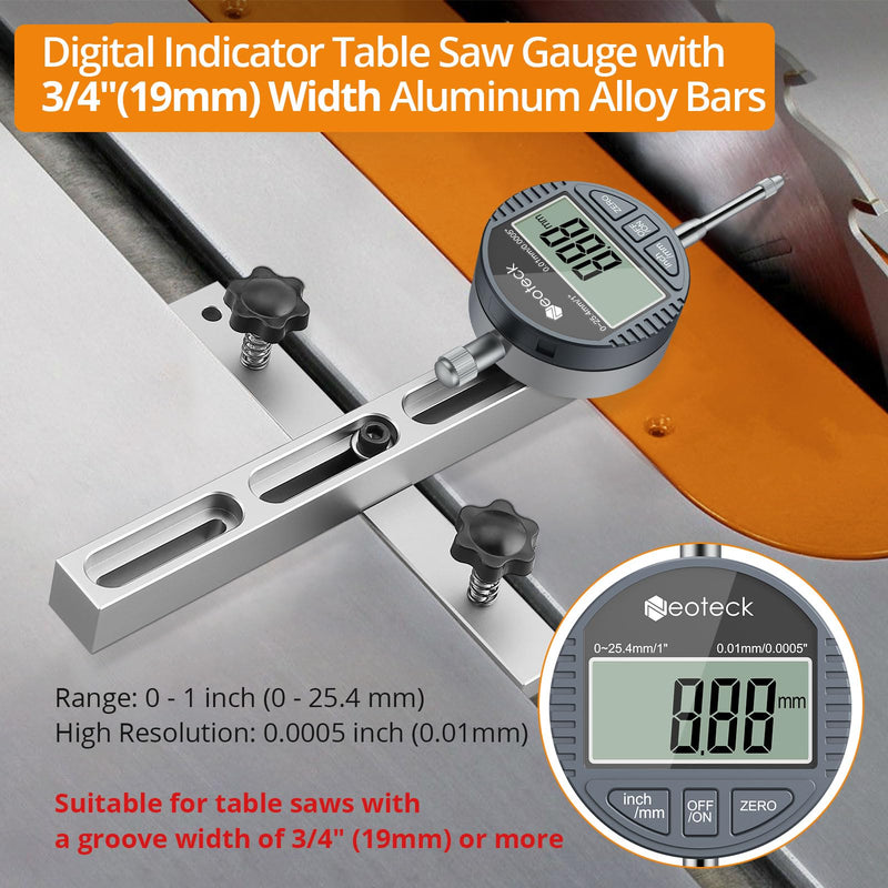 Neoteck 0-1'' Digital Dial Indicator Table Saw Gauge Suitable for Table Saws with a Groove Width of 3/4" (19mm) or more for Aligning and Calibrating Work,Shop Machinery,Band Saw and Drill Press-Silver Silver