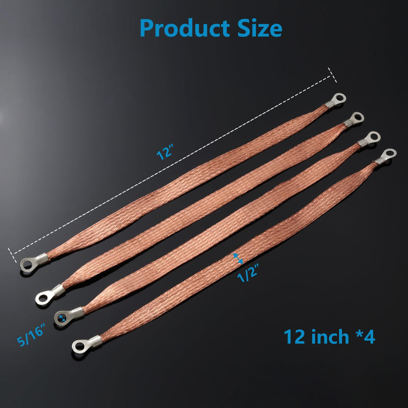 4PCS Universal Automotive Flat Braided Copper Ground Strap, 12" x 1/2" Professional Engine Grounding Cable Straps with Terminal Plugs,Vehicle Ground Strap, Tinned Copper Grounding Strap Wire for Cars 4PC 12Inch