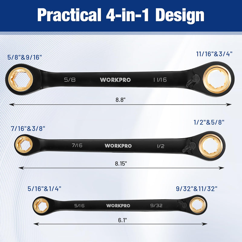 WORKPRO 3-Piece 4-in-1 Reversible Ratcheting Wrench Set, 12 Sizes in 3 Wrenches (1/4"-3/4"), SAE, Anti-Slip, Double Box End, 72-Tooth, CR-V, 6-Point, with Storage Bag - for Repair & Maintenance
