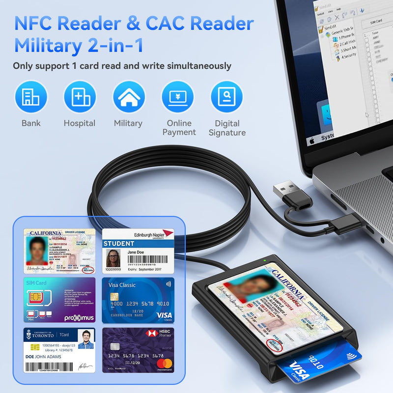 [2-in-1 Dual Tech] NFC Reader Writer & CAC Card Reader, USB-A + USB-C Military DOD PIV ID Contact and Contactless Smart Card Reader for Windows, Mac, Linux, Android Black