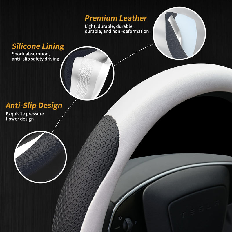  [AUSTRALIA] - Premium Leather Steering Wheel Cover for Tesla Model 3/Y 2016-2025 2026 Juniper/Highland, Non-Slip Breathable Tesla Model 3/Y Steering Wheel Protector, White