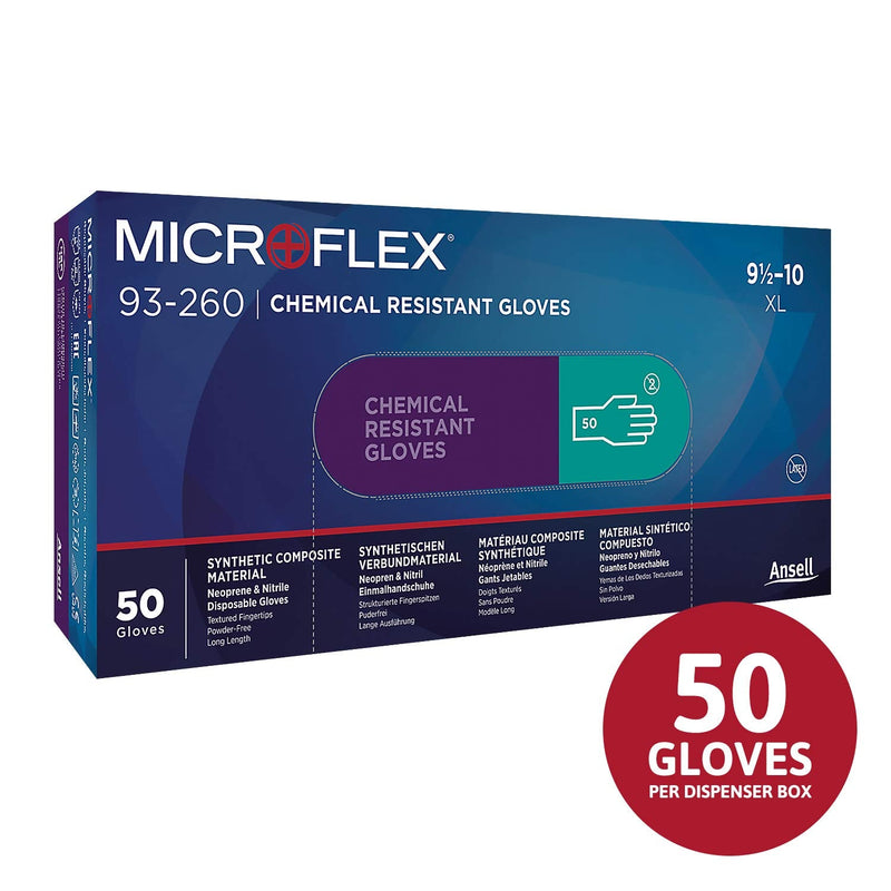 Microflex 93-260 Nitrile and Neoprene Gloves - Disposable, Chemical Resistant, Size Medium (Pack of 50) Medium (Pack of 50)