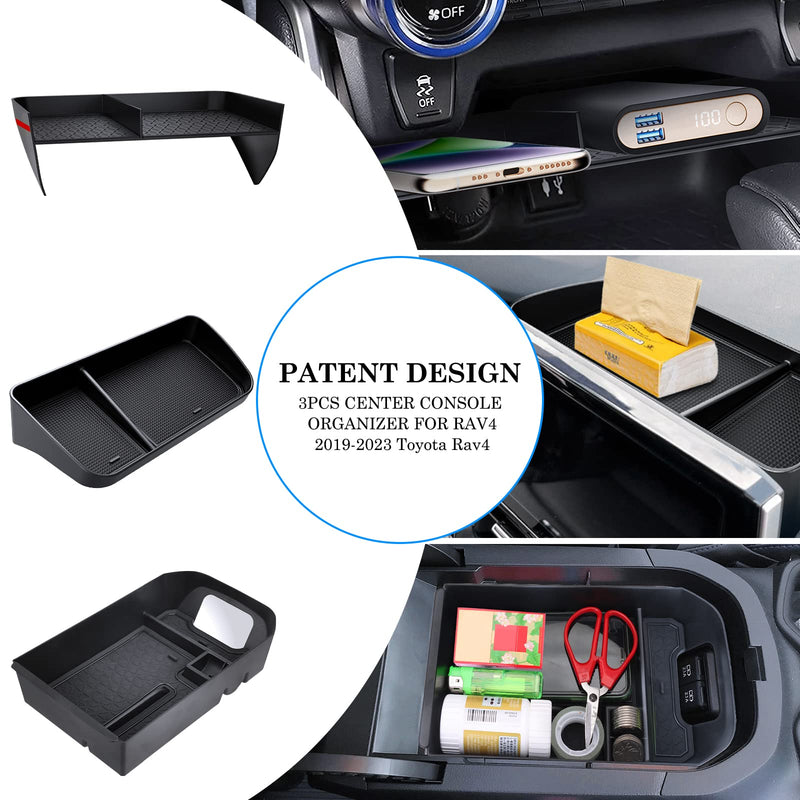 Upgraded Center Console Organizer Compatible with Toyota RAV4 2024 2023 2022 2021-2019 Interior Accessories, Armrest Storage Box, Dash Storage Tray(Not for New 10.5'' Multimedia Display)-3pcs