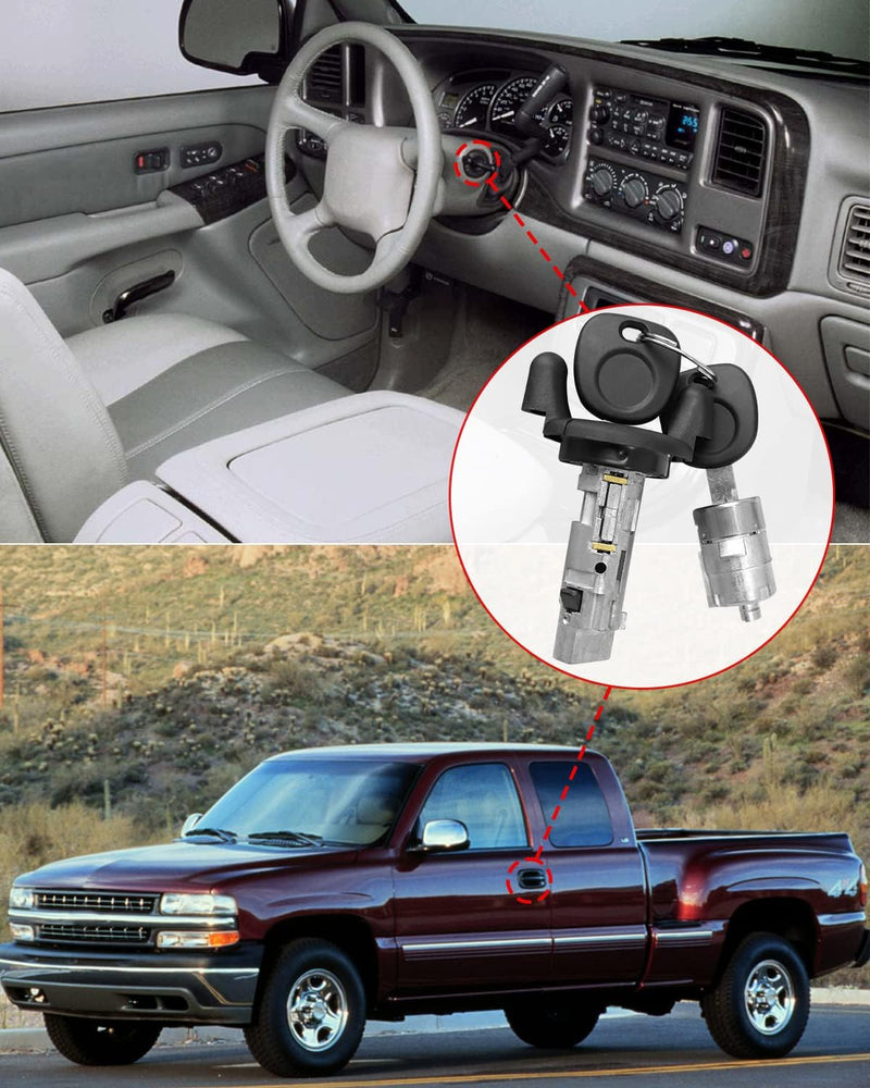 Ignition Switch Lock Cylinder and Pair Front Door Lock Cylinder with Keys Fit for Chevy Silverado Tahoe GMC Sierra Yukon 1999-2000 Replace 704600 702912 598007