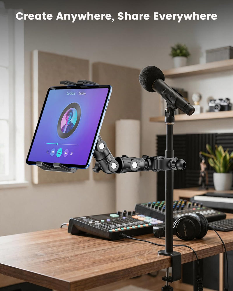 OHLPRO Tablet Holder for Mic Stand, 360° Adjustable Dual Arm Tablet & Phone Mount with Clamp, for Treadmill Handlebar, Peloton Bike, Stroller, Wheelchair, Fits 4.7–14.6" Devices 4.7–14.6"