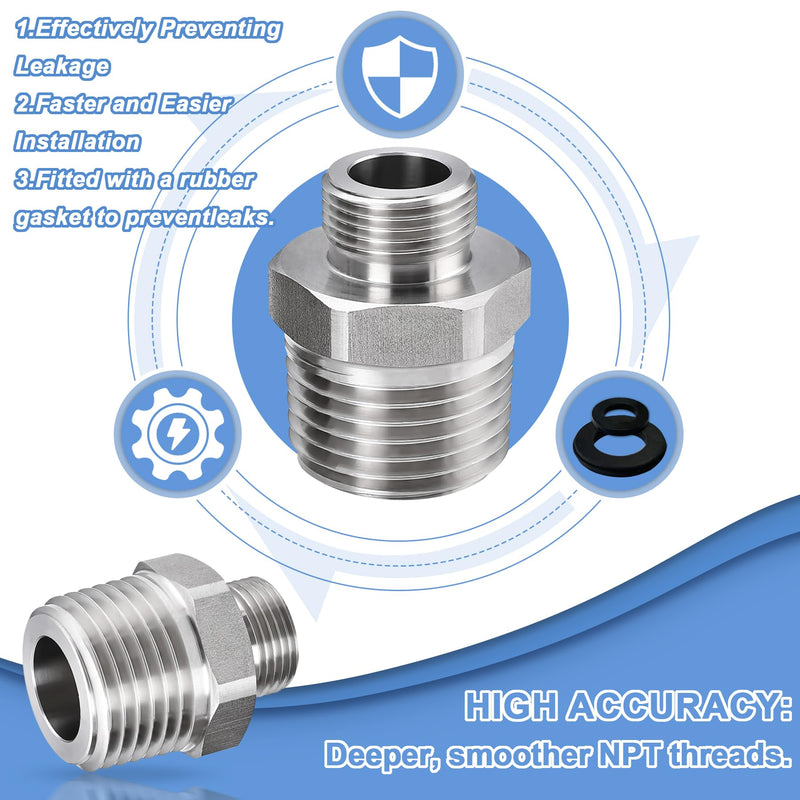 1/2 to 3/8 Reducer Faucet Adapter, 304 Stainless Steel 3/8 Male to 1/2 Male Compression Fittings for Water Supply Fitting for RV Kitchen Piping, Water Hose Pipe Connector with Rubber Washer(2 Pack) 1/2 Male to 3/8 Male