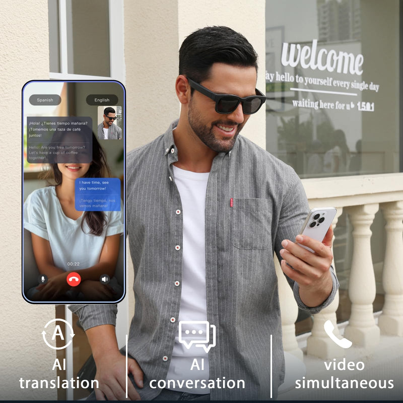 AI smart glasses, AI dialogue voice wake-up, 115 language translation, simultaneous interpretation, on-site recording translation, use mobile app audio and video translation, conference translation