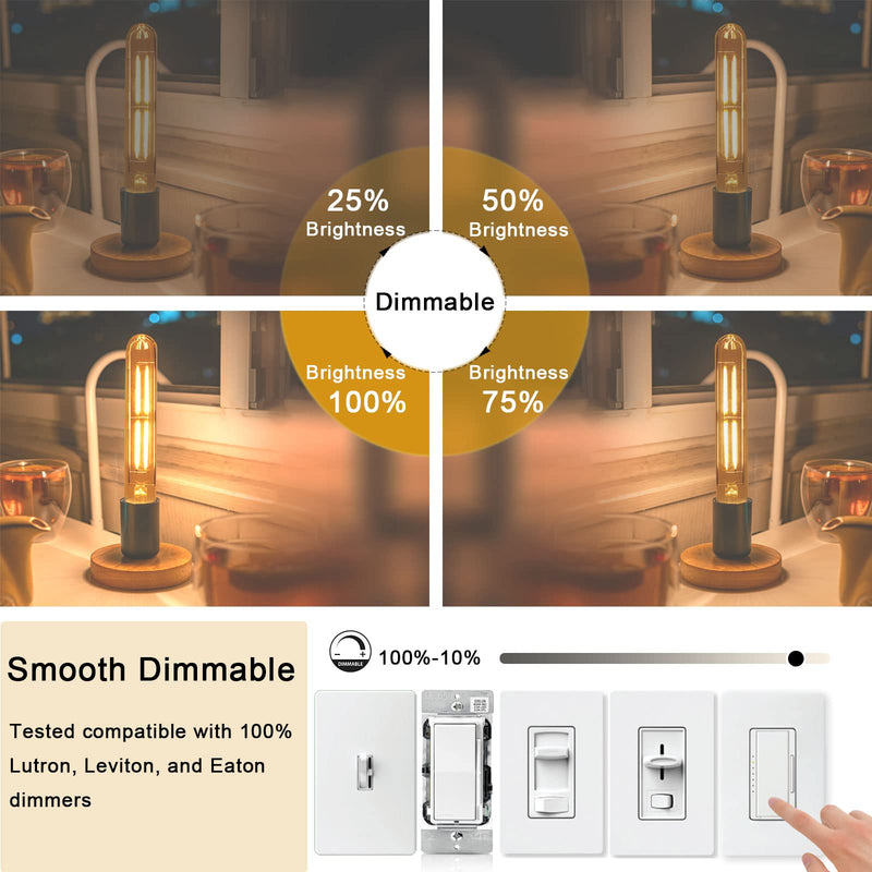 7.3 Inch E26 Led Bulb 6W Dimmable, 2700k Soft White Edison Bulbs 800LM, Equal 80 Watt Tubular T10 T9 Long Clear Glass Light Bulb for Rustic Pendant Pipe Wall Sconces Chandeliers - 4Pack 7.3 Inch 6W (4 Count)