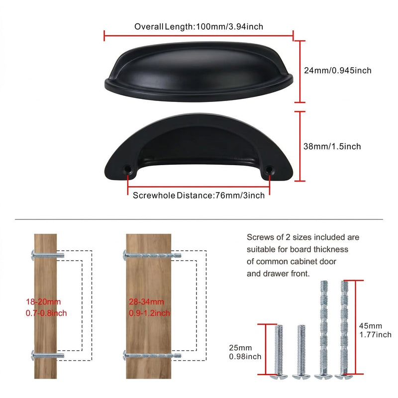10 Pack 3" Drawer Pulls Matte Black Cabinet Cup Pulls Kitchen Hardware Cabinet Handles Drawer Handles Knobs 3 inch Hole Center 3"(76mm) Hole Center 10