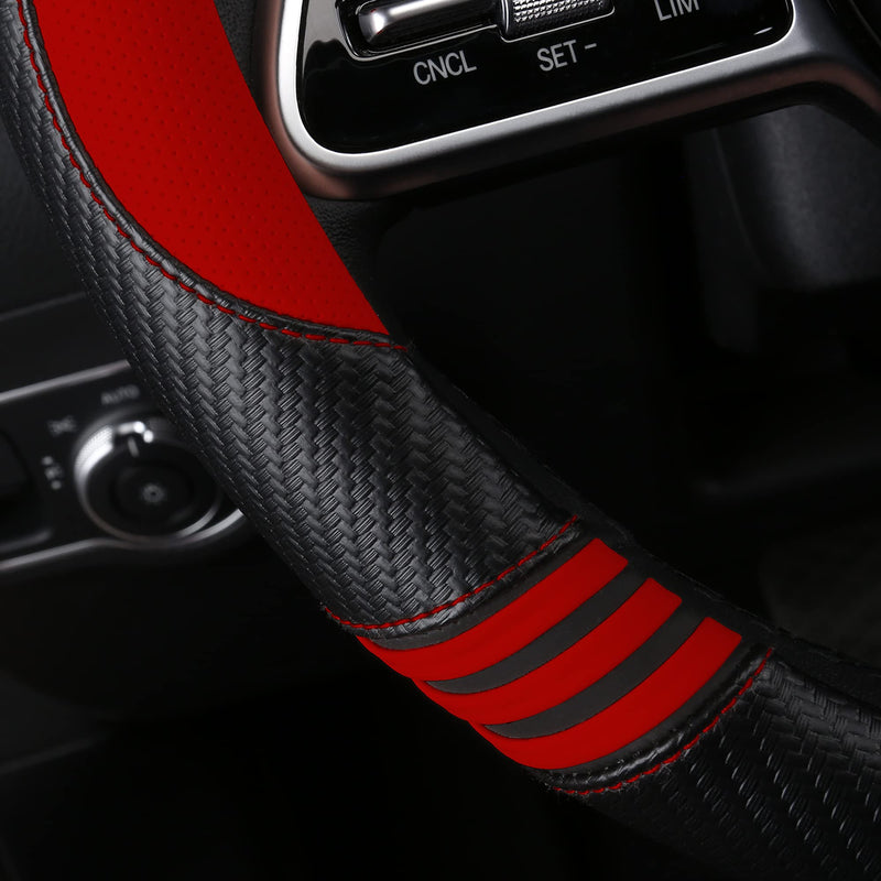 Car Steering Wheel Covers for Women Padded Carbon Fiber PU Leather Cute Auto Interior Accessories for Vehicle, Sedan, Universal, Anti Slip, Red, Standard Size 14.5-15"(37-38cm) Red+Black Standard Size[14"1/2-15"](37-38cm)