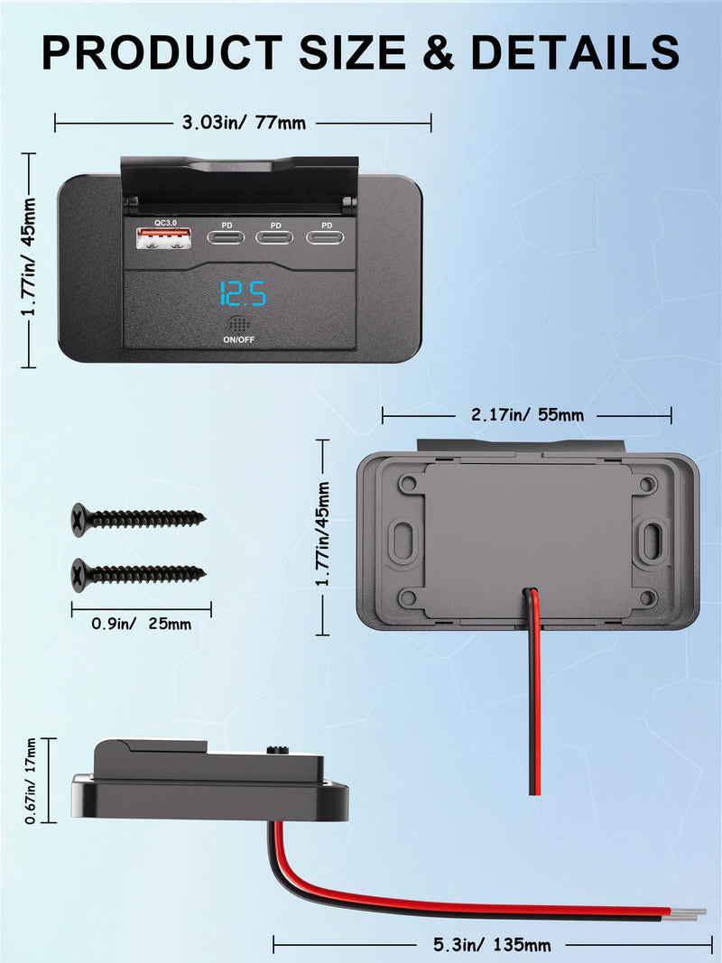 12V RV USB Outlet Wall Mount Panel: 40W 4 Ports USB Socket Car Charger | 3* 20W PD3.0 Type-C & 1* 18W QC3.0 Quick Charging with LED Light Power Switch for RV Truck Boat Golf Cart Marine Bus