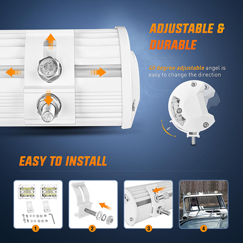 Nilight Marine LED Light Pods Navigation Lights 2PCS 4 Inch White Spot Flood Combo Ponton Boat Deck Dock Lighting for Night Fishing T-top Stern Yacht Port Sailboat Trucks Tractors 2Pcs White Shell with White Light LED Pods