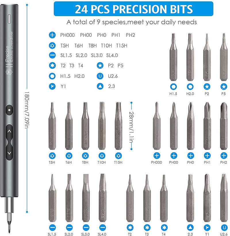 AMIR Electric Screwdriver 28-in-1 Cordless Mini Power Precision Screwdriver Set with 24 Bits, Rechargeable Repair Tool Kit for Phones Watch Laptops Silver