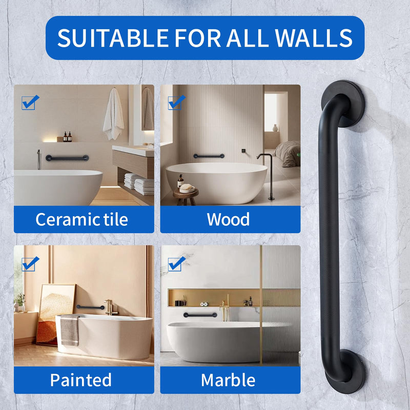 Anti-Slip Shower Grab Bar for Seniors Disabled,Bathroom Safety Bars for Wall Mount,High Load Capacity Toilet Grab Bars,Water-Resistant Shower Safety Bars for Elderly (Black Knurled, 12-inch Grab Bar)
