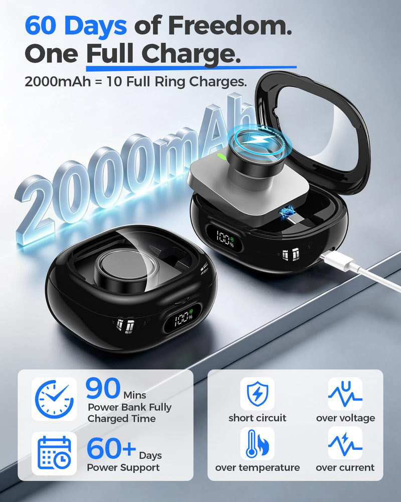 Goton Portable Charging Case Compatible for Oura Ring Gen 5 & 4 & 3 Charger | (Official Charger NOT Included), 2000mAh Travel Wireless Power Station with Digital Display, 45-Day Runtime, Universal Fit Black
