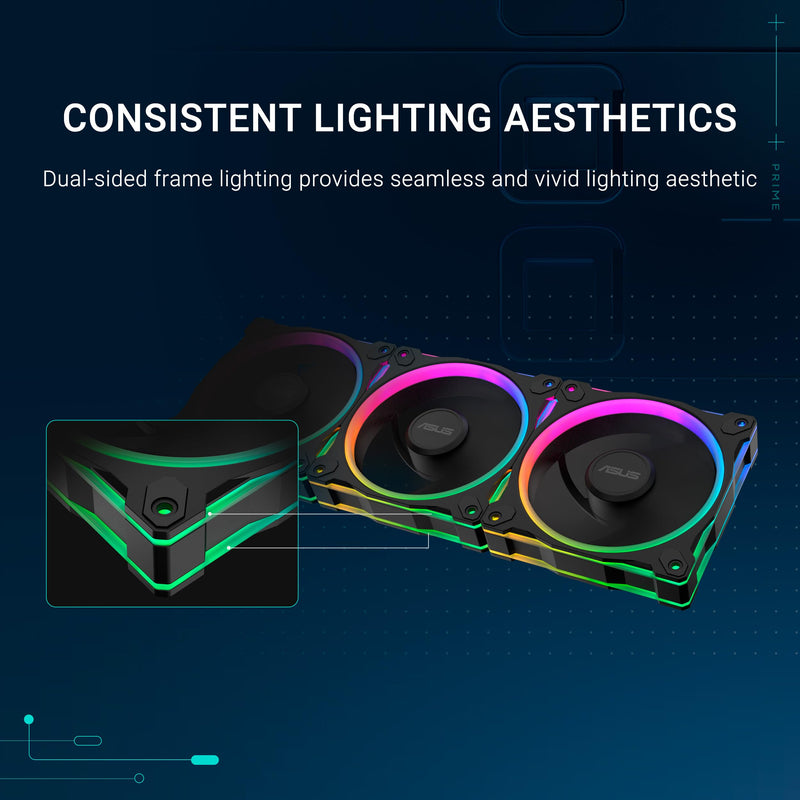 ASUS Prime MR120 ARGB Fan Black Triple Pack, 28mm Extra-Thick Frame, Quiet, high-Performance Cooling with PWM, 20 ARGB LEDs with Dual-Sided Frame Lighting, Aura Sync, 2 Year Warranty 3 Pack MR120 ARGB|Black