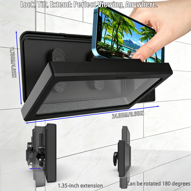 Shower Phone Holder with Wireless Bluetooth Speaker for iPhone,2026 New Waterproof 480° Rotation Adjustable Shower Phone Case Accessories, Wall Phones Mount Stand Speakers for Bathroom Mirror Black-Z09