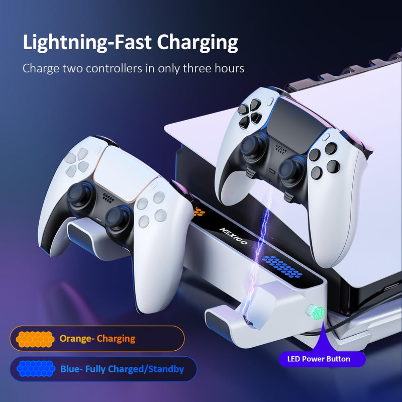 NexiGo PS5 Horizontal Stand with Charging Station for PS5 and Edge Controllers, Silent Cooling Fan with Adjustable Speed, [Auto Power On/Off], Compatible with PS5 Disc&Digital, Not for PS5 Slim White Stand with Cooling Fans and Charging