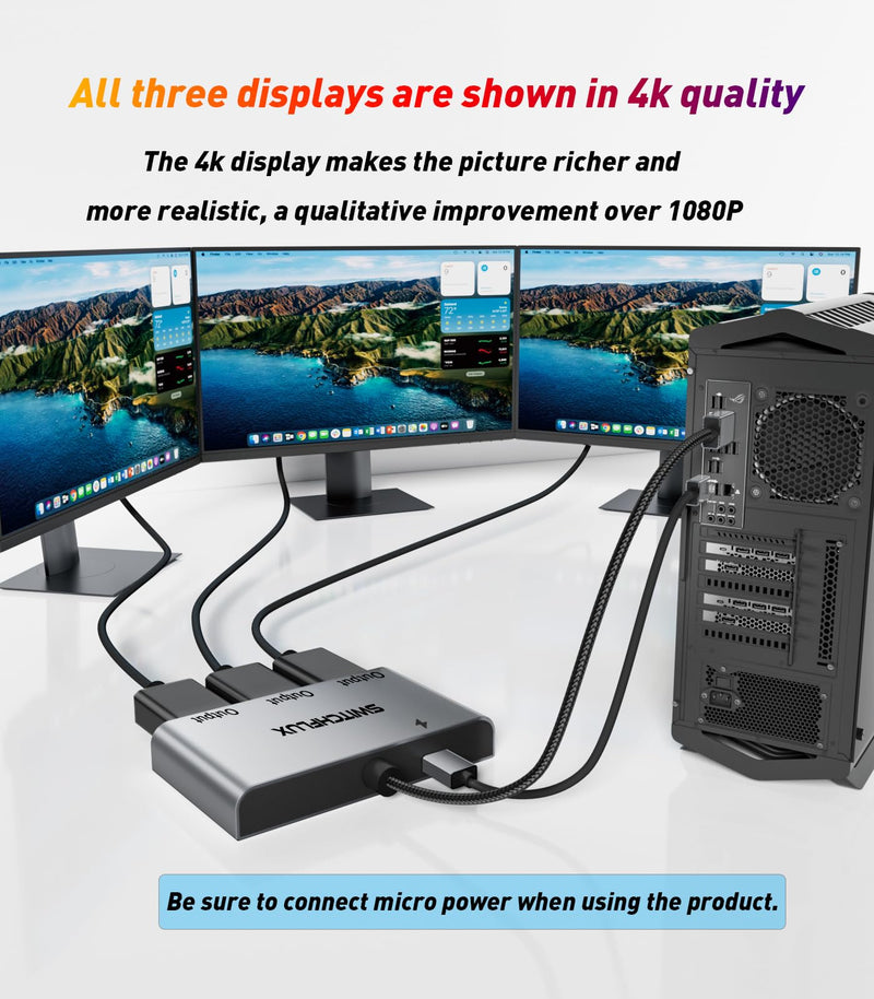 DisplayPort to Dual HDMI with DP Adapter |4K@60Hz| Extended Display 1 in 3 Out MST Hub for Multiple Monitors Compatible with PC,NVIDIA/AMD Graphics Card DP to dual HDMI with DP