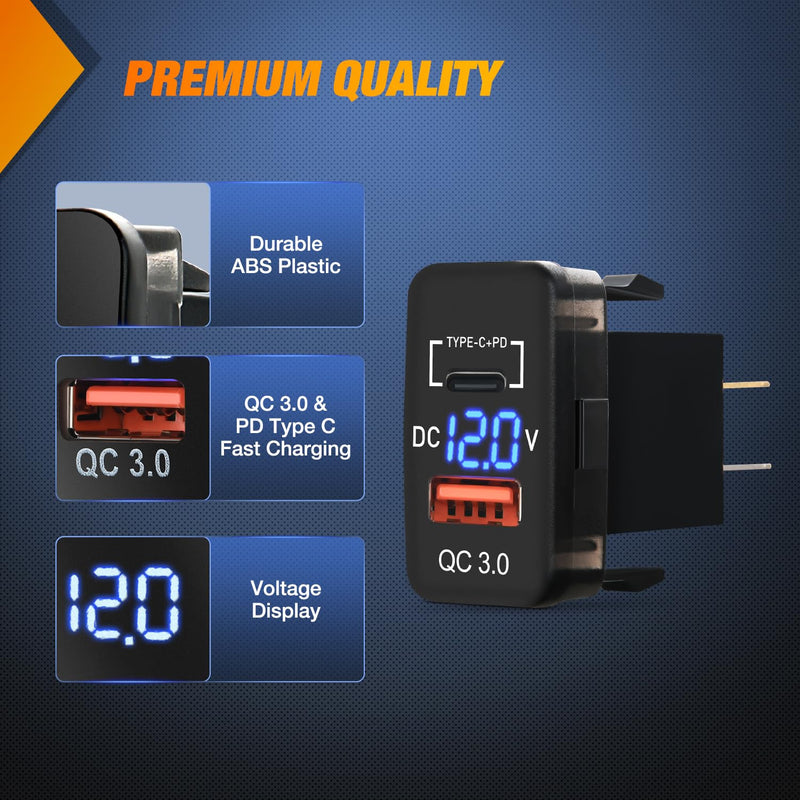 Nilight Rocker Switch Style USB Charger LED Voltmeter Quick Charge 12V PD Type C and QC 3.0 Car Charger 1.54" x 0.83" Replacement with Inline Fuse for Tacoma Tundra 4Runner FJ Cruiser Hilux Fortuner Type C + USB 1.54" x 0.83"