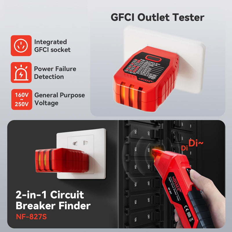 NF-827S Circuit Breaker Locator, GFCI Outlet Tester, Circuit Breaker Finder Tool, 90-120V AC Digital Circuit Finder with NCV Testing and Flashlight, Includes Carrying Case and Adapters
