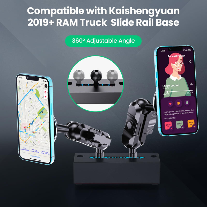Dash Mount Wireless Charger Magnetic Holder with Metal Double Socket Arm | Fits 2013-2026 Kaishengyuan Metal Base | 20 Magnets | Double Socket Arm | 360 Rotation | 0.98in Ballhead | Magsafe Smartphone