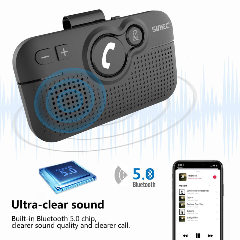 Handsfree Bluetooth Car Kit for Cell Phone,Wireless Speaker for Car | AUTO Power On Off Reconnect, Support Siri Google Voice Assistant Hands Free Phone Speakerphone with Visor Clip - BC980SA Black