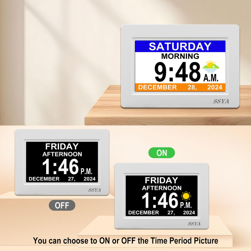 SSYA Digital Calendar Alarm Clock - Dementia Clocks for Seniors, Non-Abbreviated Memory Loss Clock with Date and Time for Elderly (White) 7" White