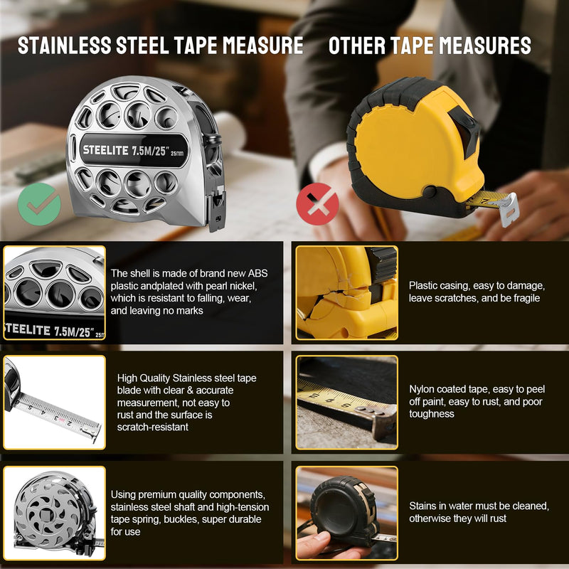 STEELITE Tape Measure 25'FT Stainless Steel Waterproof & Rustproof Retractable Measuring Tape with Hollow Design Bright Silver