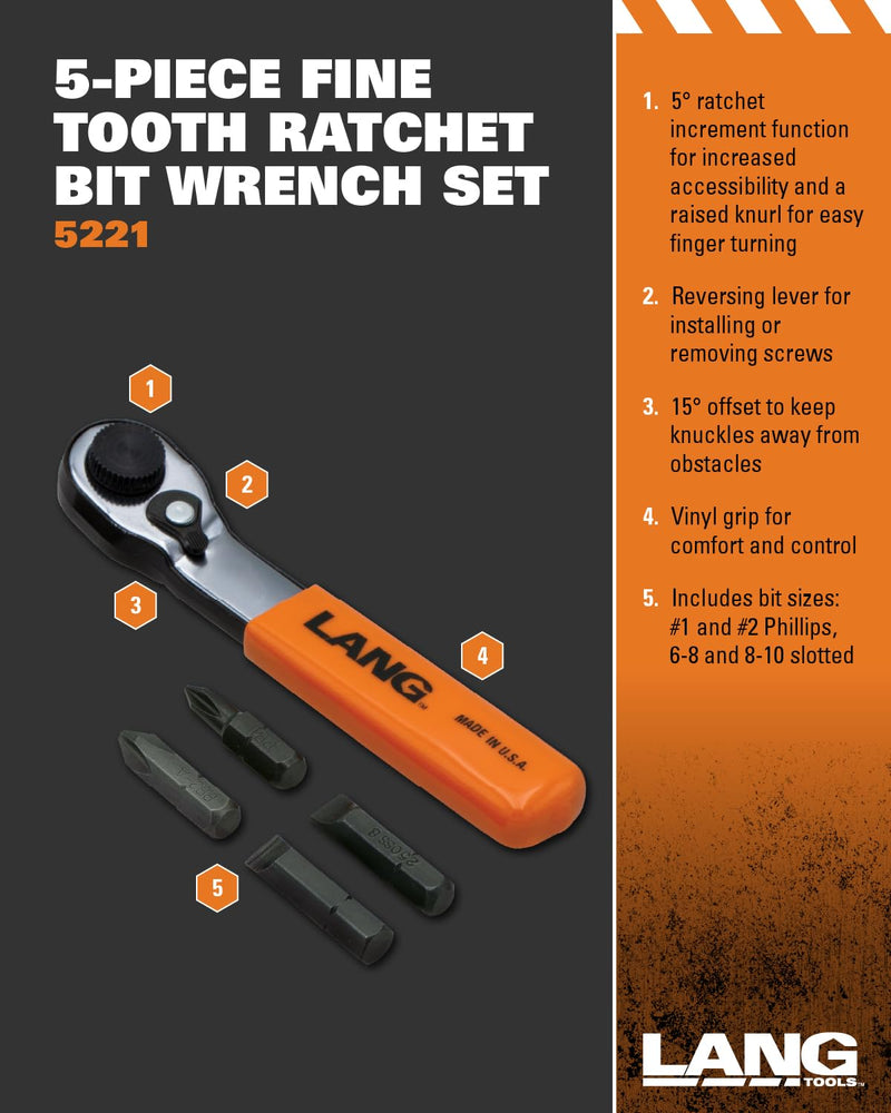 Lang Tools 5221 5-Piece Fine Tooth Bit Wrench Set , Black