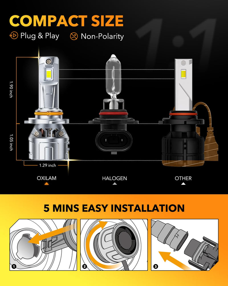OXILAM H-B3/9005 Light Bulbs, 1000% Brightness, 6500K Cool White, fog Bulb Halogen Replacement With Cooling Fan, 5-Minute Install, Plug and Play, IP68, Pack of 2 9OO5