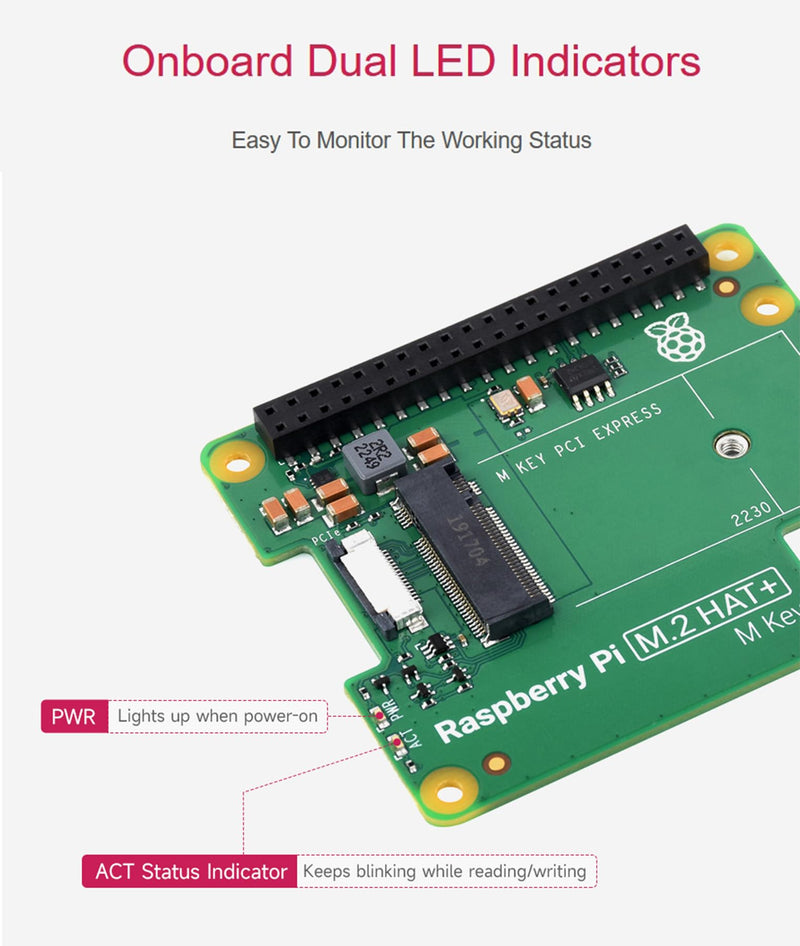 Official Pi PCIe to M.2 HAT for Raspberry Pi 5, HAT + Standard, Supports NVMe Protocol M.2 Solid State Drive 2230/2242 High-Speed Reading/Writing