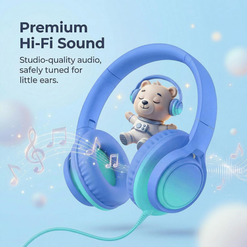 Kids Wired Headphones, 85/94dB, Mic, USB-C Adapter, Sky Blue | 85/94dB volume control, foldable over-ear design, built-in mic, 3.5mm jack, and USB-C adapter for school and travel. Gradient Sky Blue & Teal
