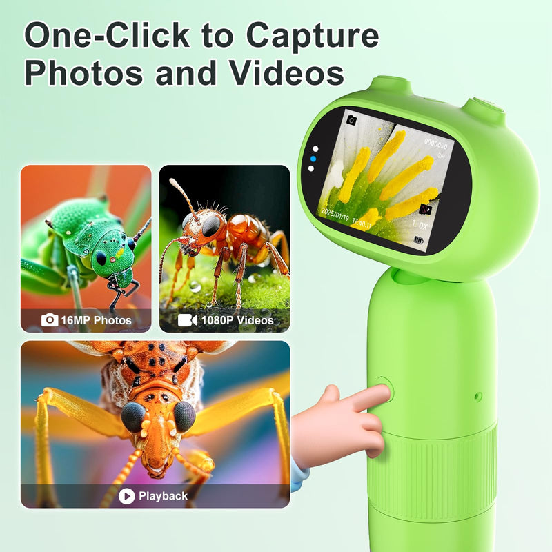 1000X Pocket Microscope for Kids – Railhorn Mini Microscope with 2" LCD Screen, 16MP Camera & 1080P Video, Handheld Magnifier with Light for Coins, Slides & Nature Exploration, STEM Toy for Ages 3-12