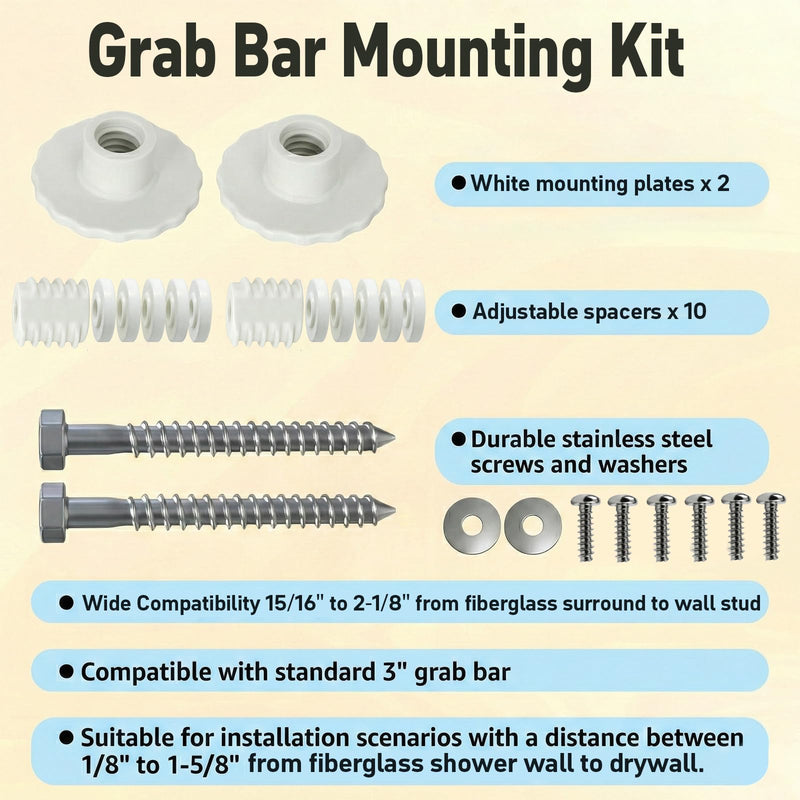 Grab Bar Mounting Kit for Fiberglass Showers, Grab Bar Anchors with Adjustable Spacers (15/16" to 2-1/8"), Shower Stall Kit for Installing Grab Bar to Stud, 1 Pair