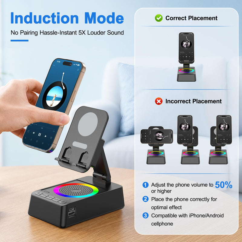 TARKARI Induction Speaker, Phone Stand with Speaker, Bluetooth Speakers | Wired Charging the Cellphone, Foldable and Adjustable Cell Phone Stand, Ambient Light, For Home Office, Gifts for Women Him Black