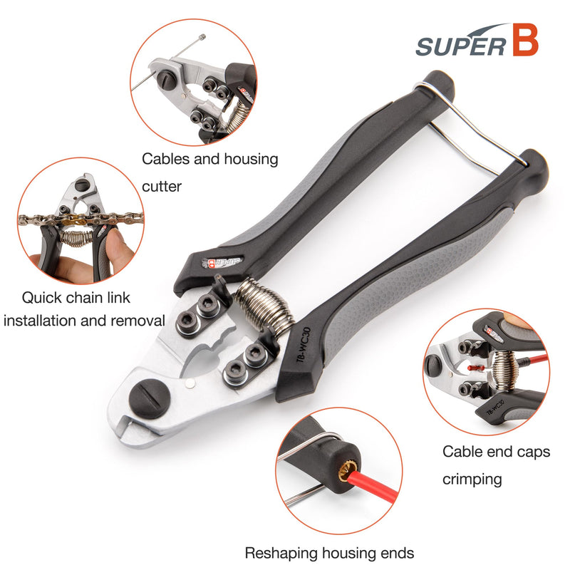 Super B Heavy Duty Cable Cutters - Precision Wire and Cable Cutting with Crimping, Housing End Forming & Quick Link Tool for Bicycles - Ergonomic Grip, Spring-Loaded Design (TB-WC31)