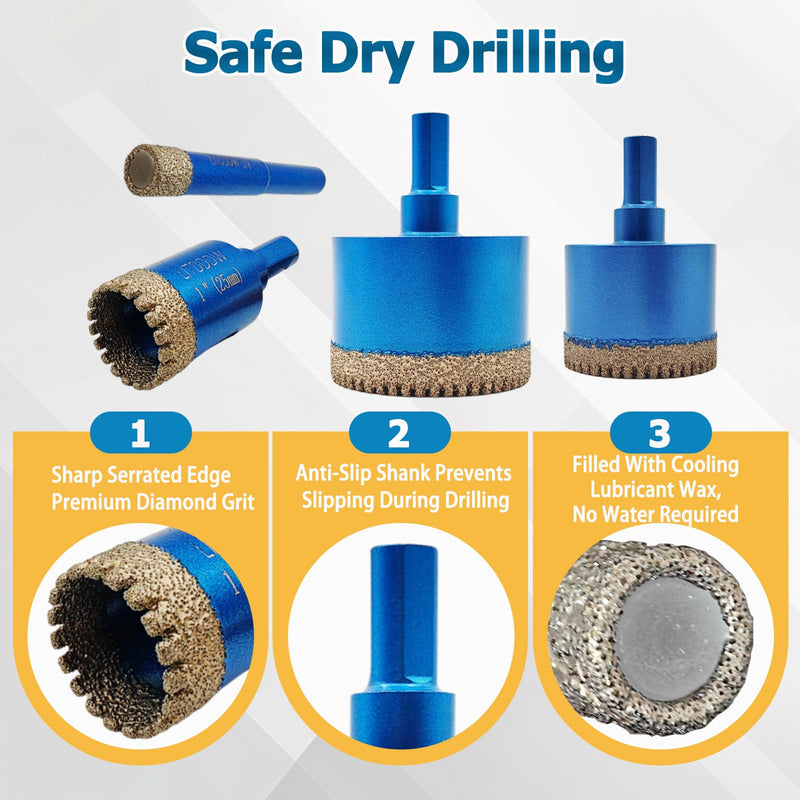 10 Pack Diamond Hole Saw Kit,Serrated Brazed Tile Hole Saw Kit,Dry & Wet Diamond Core Drill Bit Set(1/4" to 2") for Ceramic,Porcelain Tile,Granite,Marble,Stone 10Pcs Diamond Hole Saw Kit(1/4"-2")