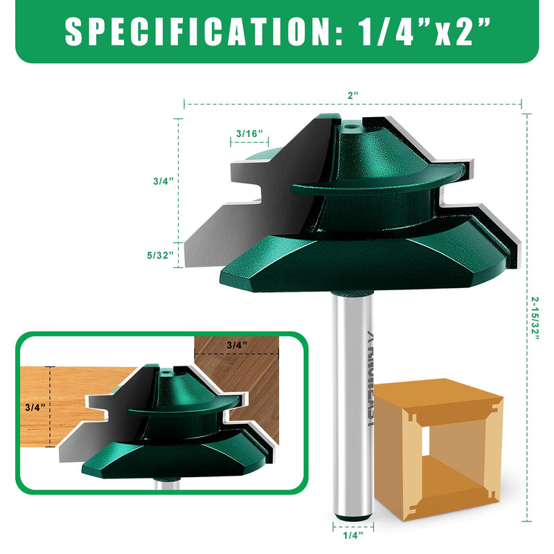 Knoweasy 45 Degree Lock Miter Router Bit Set with 1/4 Inch Shank, 3-Piece for Woodworking Projects, Includes 1/2, 5/8 and 3/4 Inch Cutting Heights, Precision Joinery Tool for Strong Miter Joints