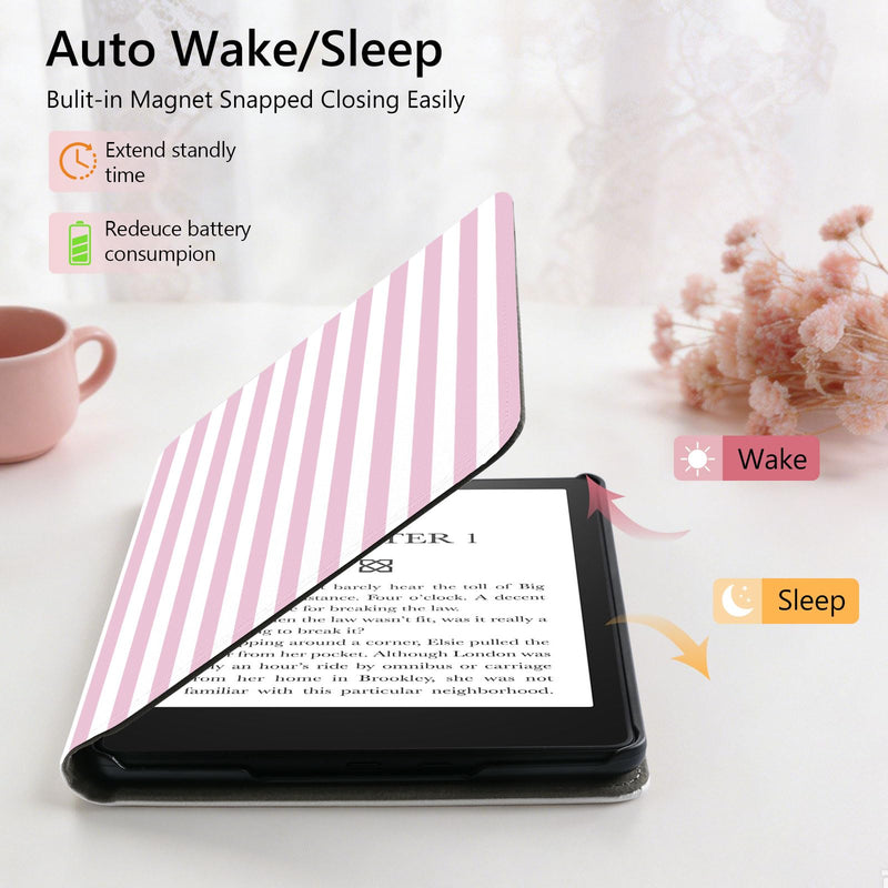 Stand Case for 7" Kindle Paperwhite 12th Pink Stripes | Compatible with Kindle Colorsoft Signature Edition 2024 with Hand Strap | Slim Leather Protective Cover with Auto Sleep/Wake 7" Kindle Paperwhite 12th Generation
