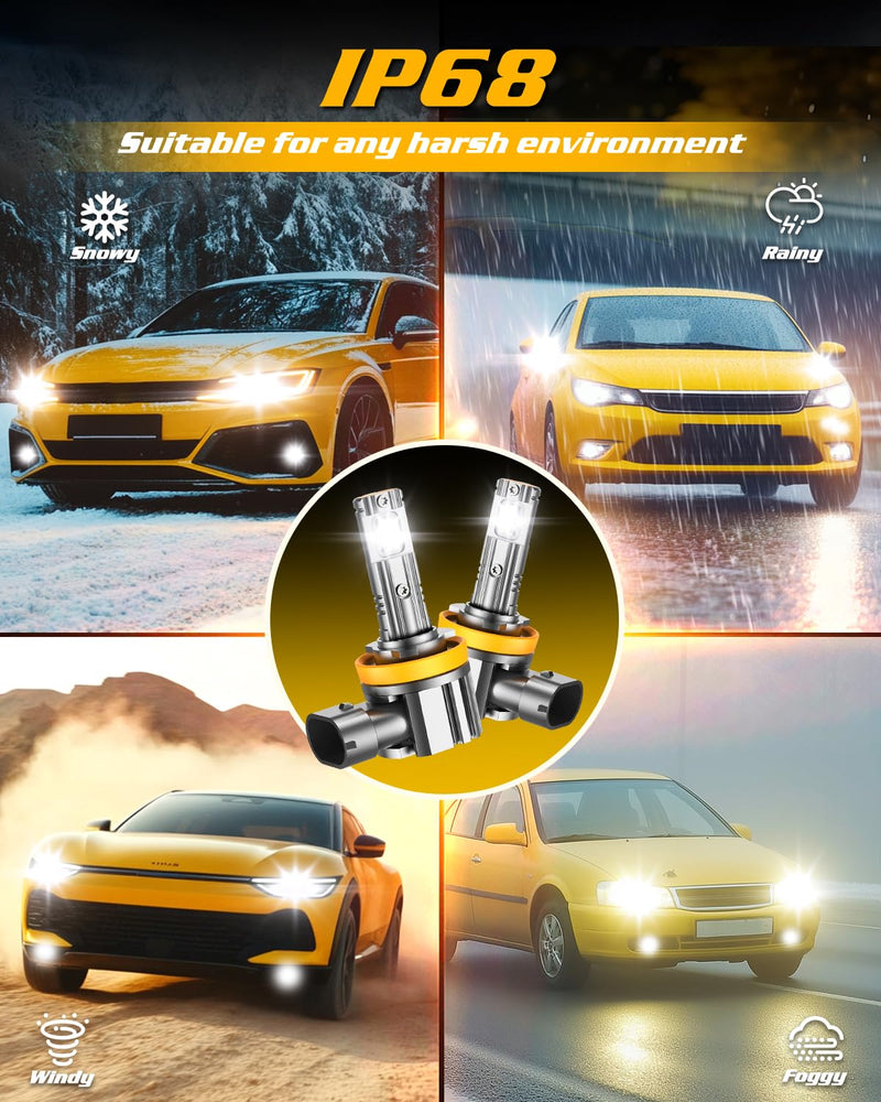 FAHREN H11 LED Bulbs, 40000 LM H11/H9/H8 Fog Light bulbs, 800% Super Brighter, 1:1 Real Size with 10 Years Longer Lifespan, 6500K Cool White, IP68 Waterproof, Play-N-Plug, Pack of 2