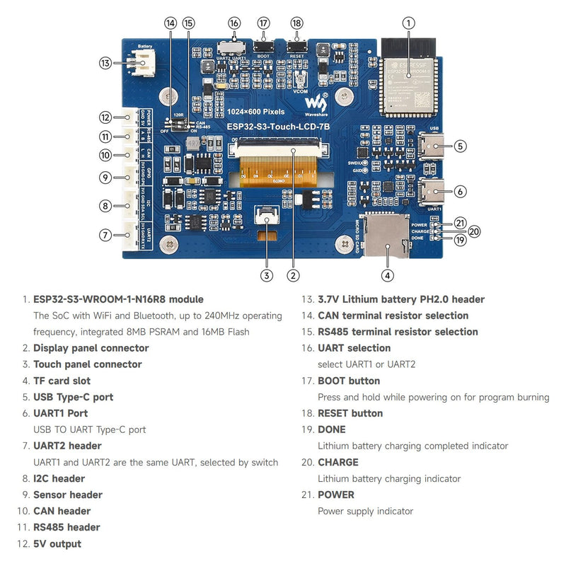 Waveshare ESP32-S3 7inch LCD Development Board, ESP32 with Display, 1024×600, 32-bit LX7 Dual-core Processor, 240MHz Frequency, Supports WiFi & Bluetooth, with Onboard Antenna, No Touch Function