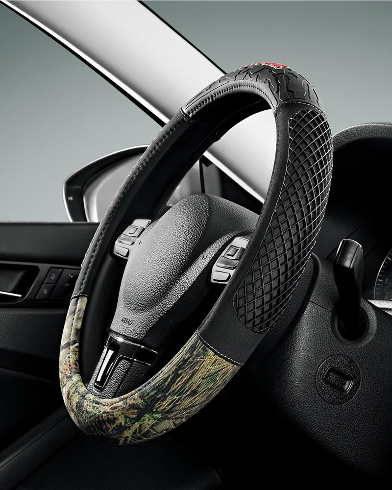Mossy Oak Camo Steering Wheel Cover - PVC Leather and Cotton Twill, Universal Fit 14 1/2 inches to15 inches - Official Licensed Product… Partial camouflage